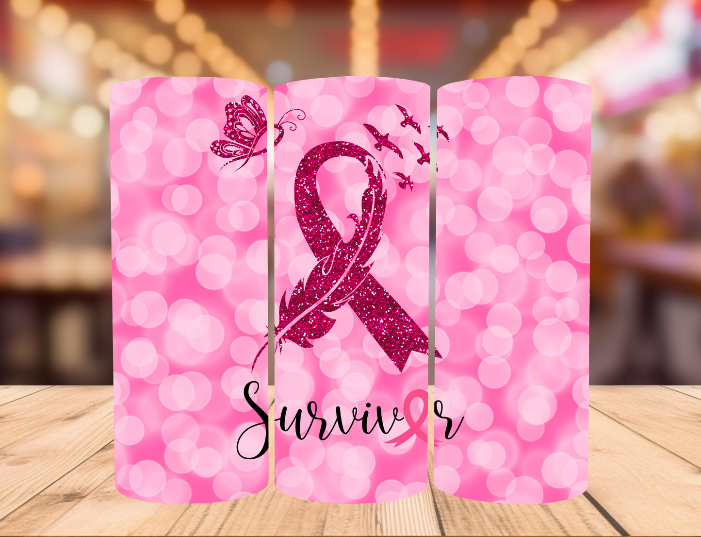 20 oz skinny Tumbler with straw "BREAST CANCER RIBBON"